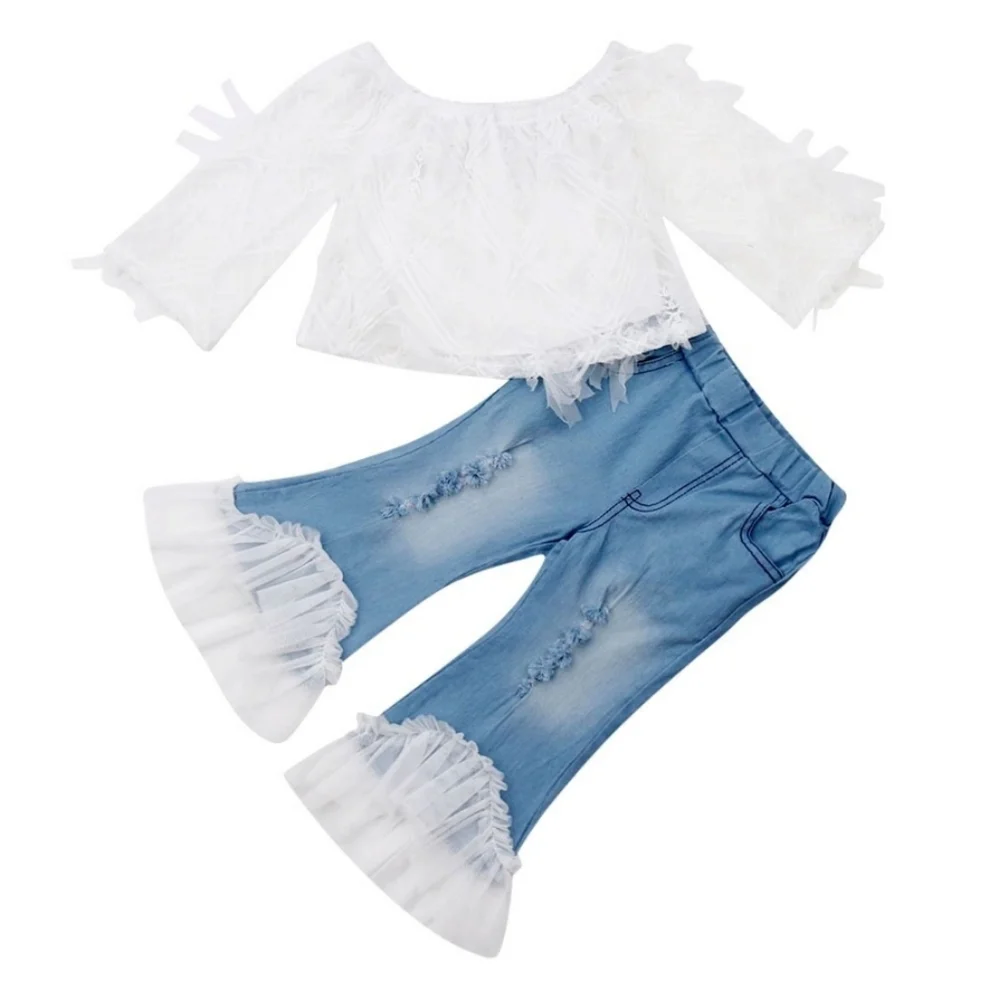 White Lace Off-Shoulder Top & Light Blue Ruffle Hem Jeans Toddler Girls Kids Set